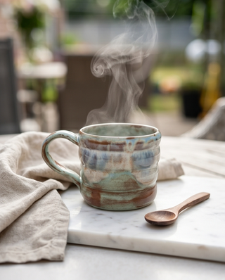 Handgemachte Keramiktasse in Aqua- und Naturtönen – einzeln erhältlich