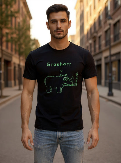 Grashorn Shirt in Schwarz - Detailansicht des witzigen Einhorn-Weed-Motivs
