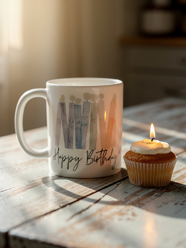 Keramiktasse Happy Birthday mit Geburtstagskerzen